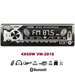 Oto teyp 4x60w bt/2xusb/sd/fm/aux büyük ekran mega vm-2818