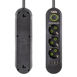 Vea VA-21557 3'Lü 3 USB'li 1.5 Metre Akım Korumalı Priz Siyah