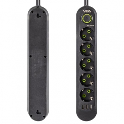 Vea VA-21561 5'Li 3 USB'li 1.5 Metre Akım Korumalı Priz Siyah