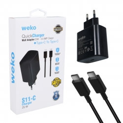 Weko wk-26523 s11-c 25 watt siyah şarj başlik adaptörü + type-c to type-c kablo